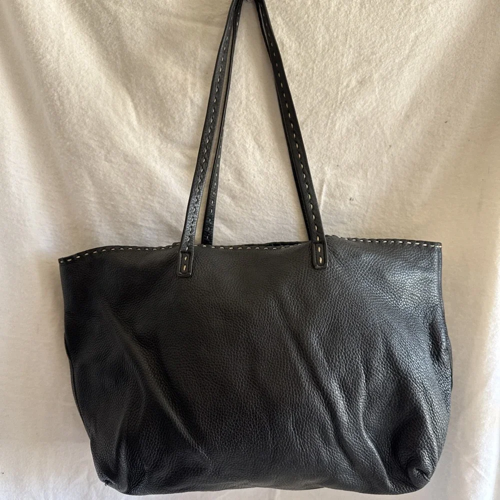 Vintage Carla Mancini Black Leather Single Stitch Tote Shoulder Purse Hobo Bag